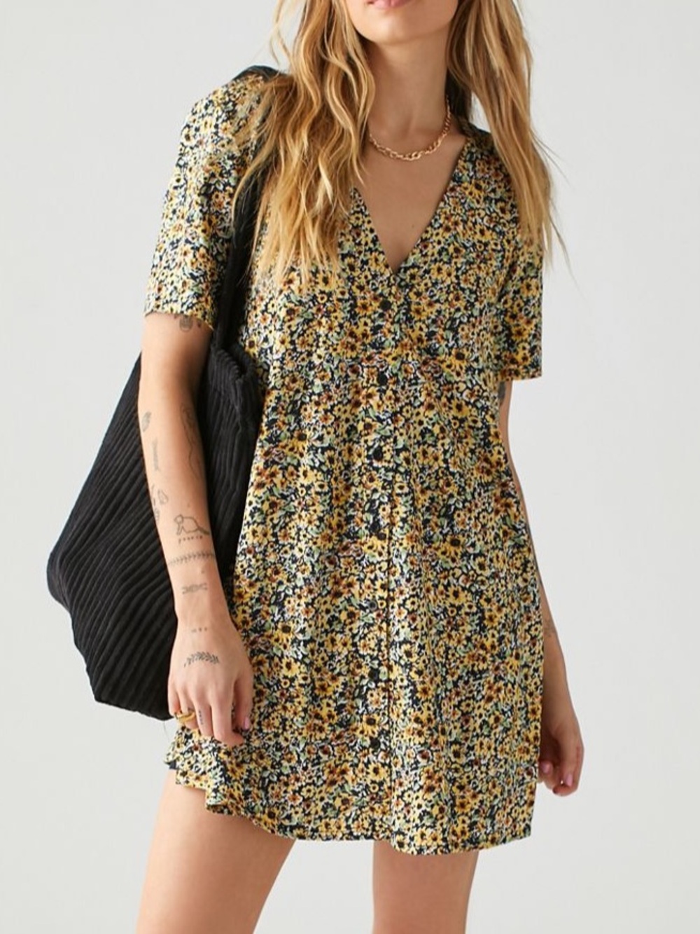 Motel Rocks Yellow Floral V-Neck Mini Dress - Motel Crosena Floral Shirt Dress